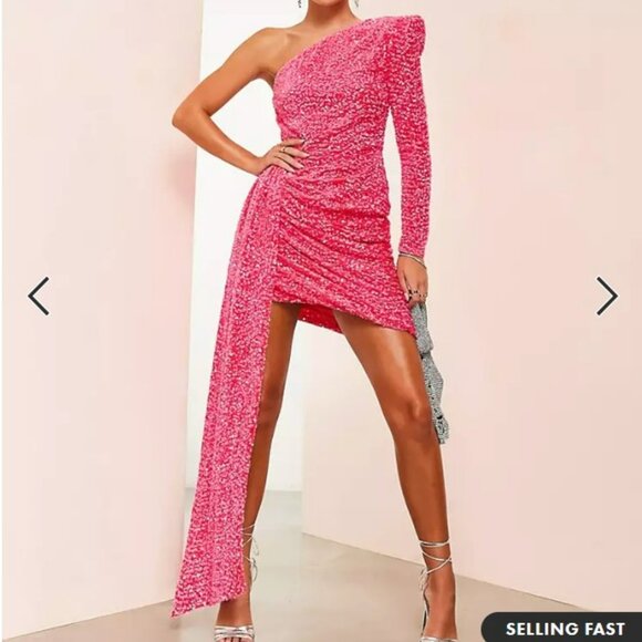 ASOS LUXE One Shoulder Asymmetric Draped Mini Dress Pink Sequin Size 10 NEW - Picture 1 of 16